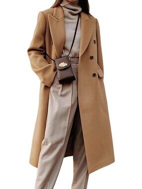 Women's Camel Suitable Long Wool Coats Fall Winter DoublBreasted Trench Coat